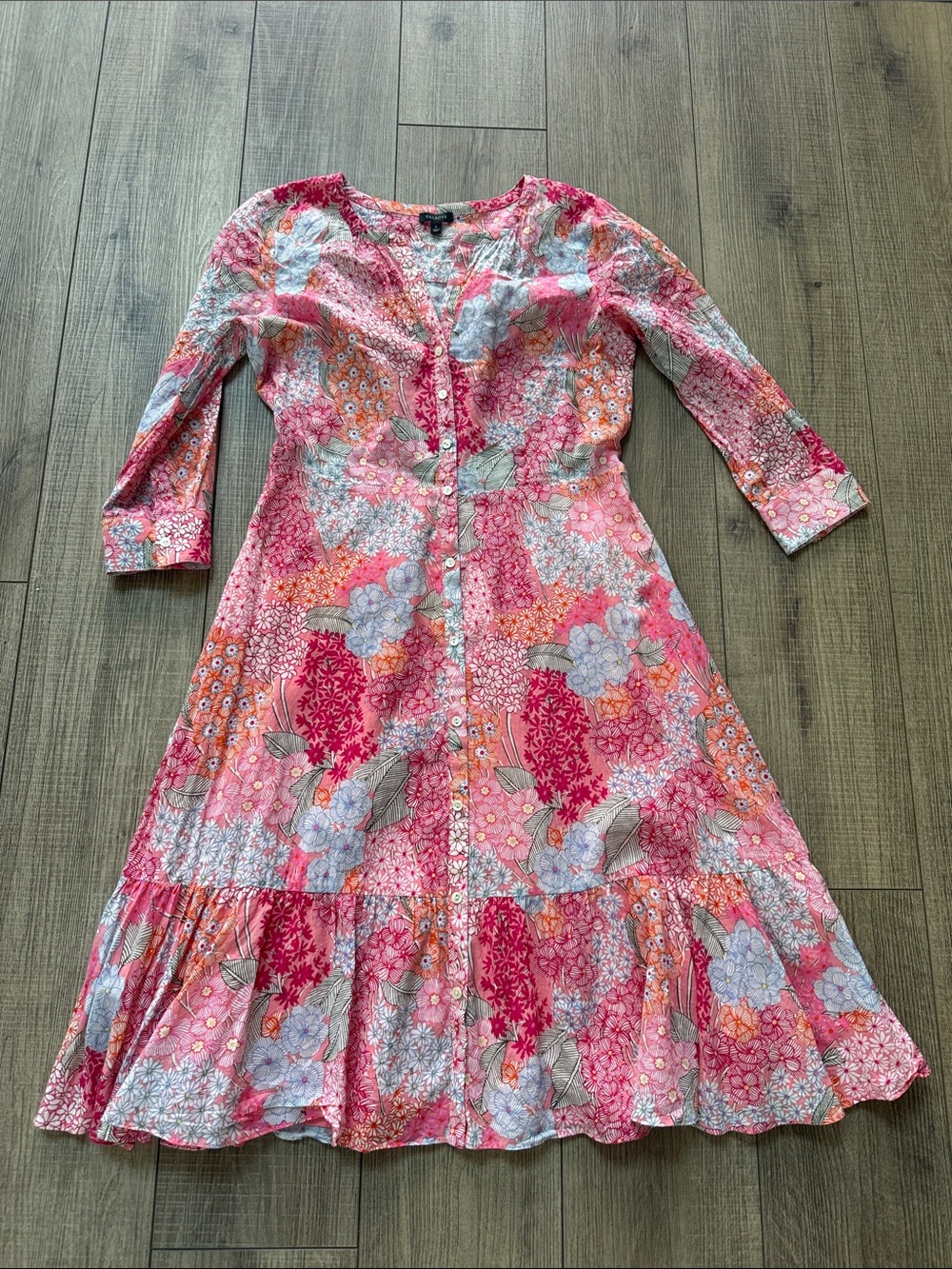 Talbots Floral Pink Button-Front Midi Dress 3/4 Sleeve Size 4